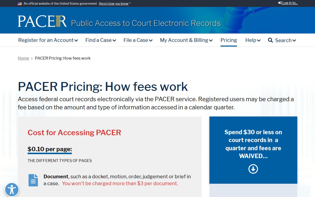 Franklin County federal docket search PACER pricing