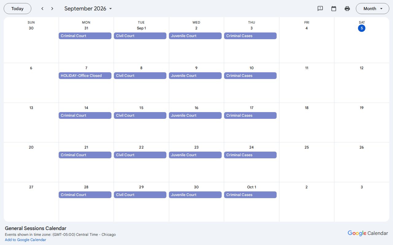 Franklin County General Sessions court schedule calendar