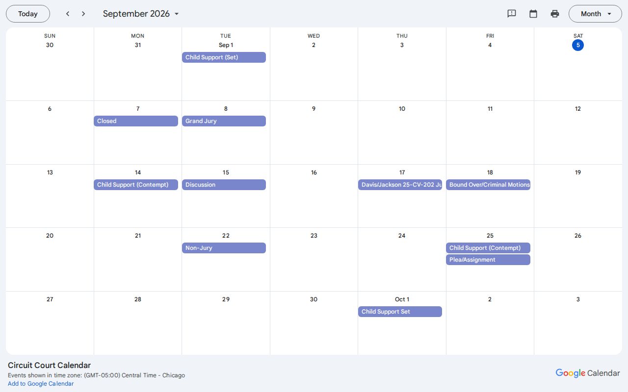 Franklin County court schedule month and week calendar view