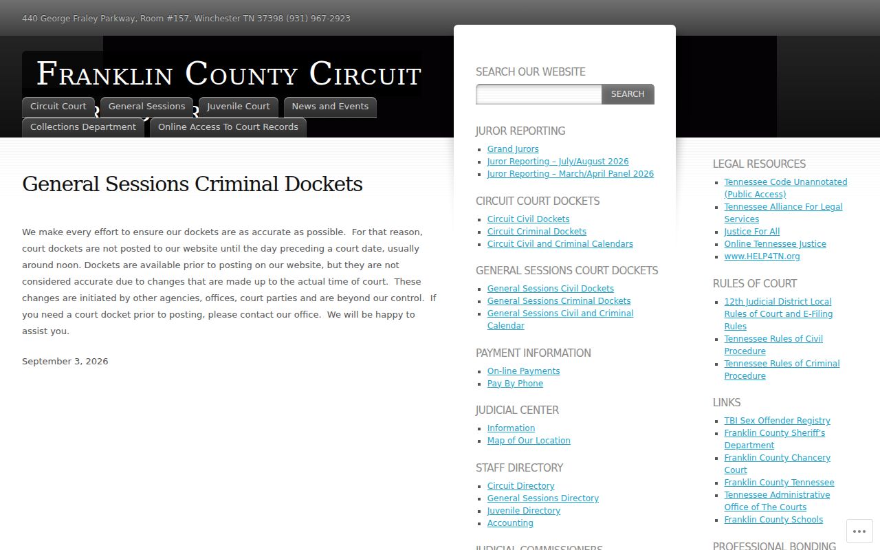Franklin County criminal docket preliminary accuracy notice