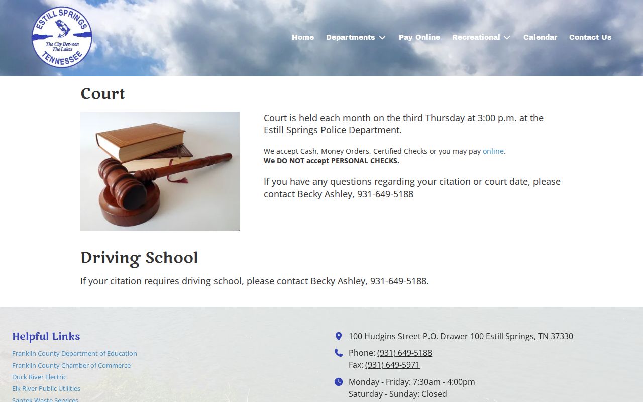 Estill Springs third Thursday court schedule and payment methods